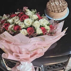 Red and White Roses Bouquet with Cake