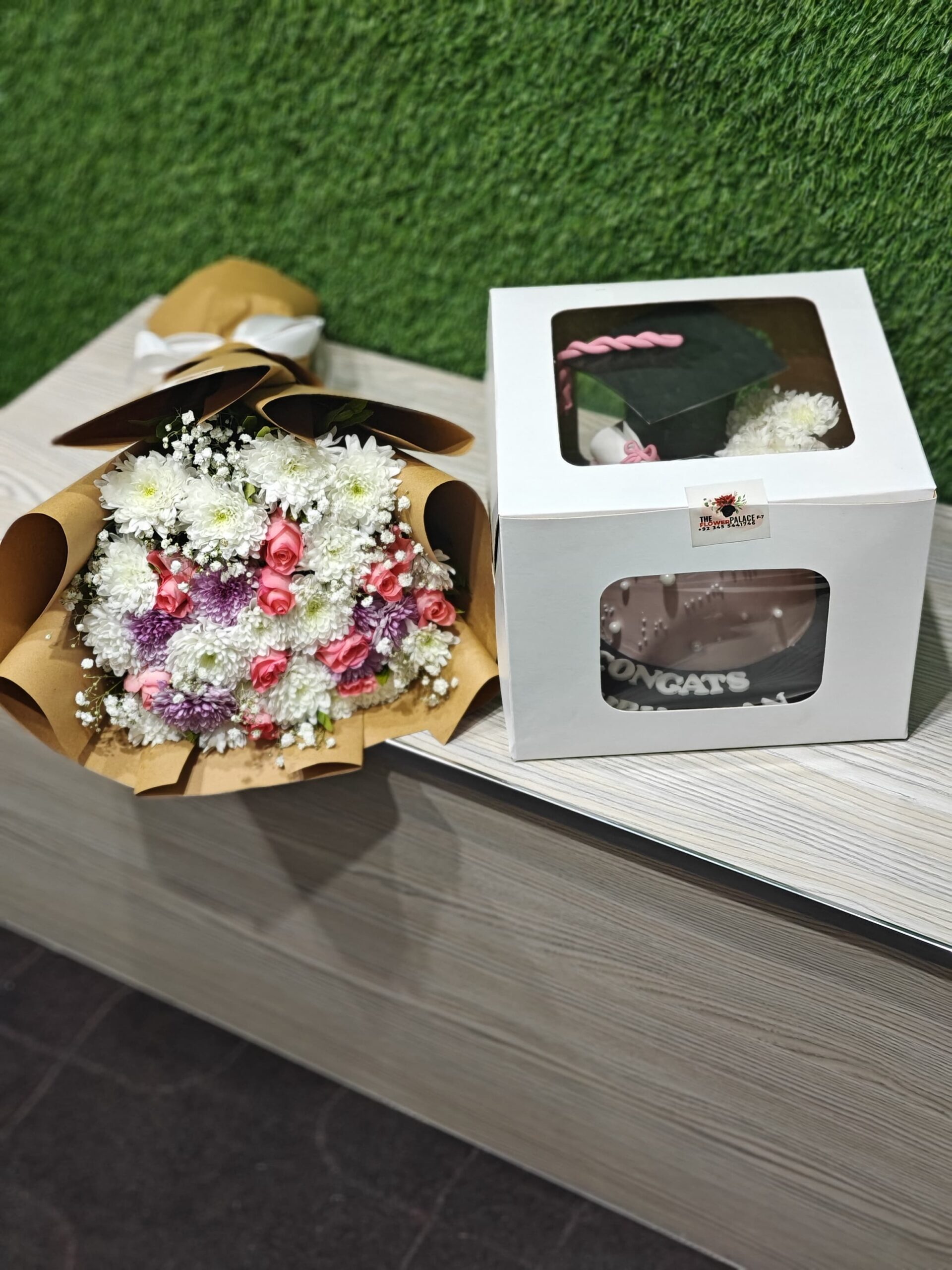 Rustic Bloom Combo – Pink & White Flowers with Cake