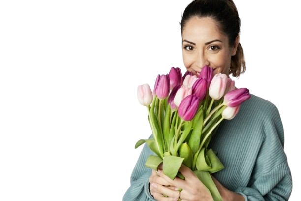 portrait of a cheerful young woman holding colorful tulips bouquet isolated over gray background 1024x682 removebg preview